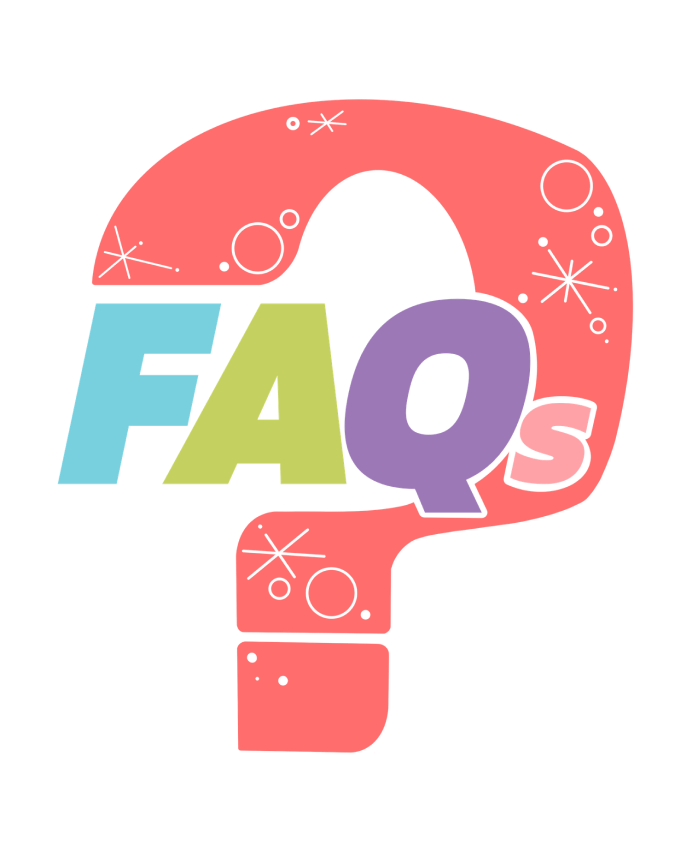 Colourful FAQs question mark graphic with letters F, A, Q